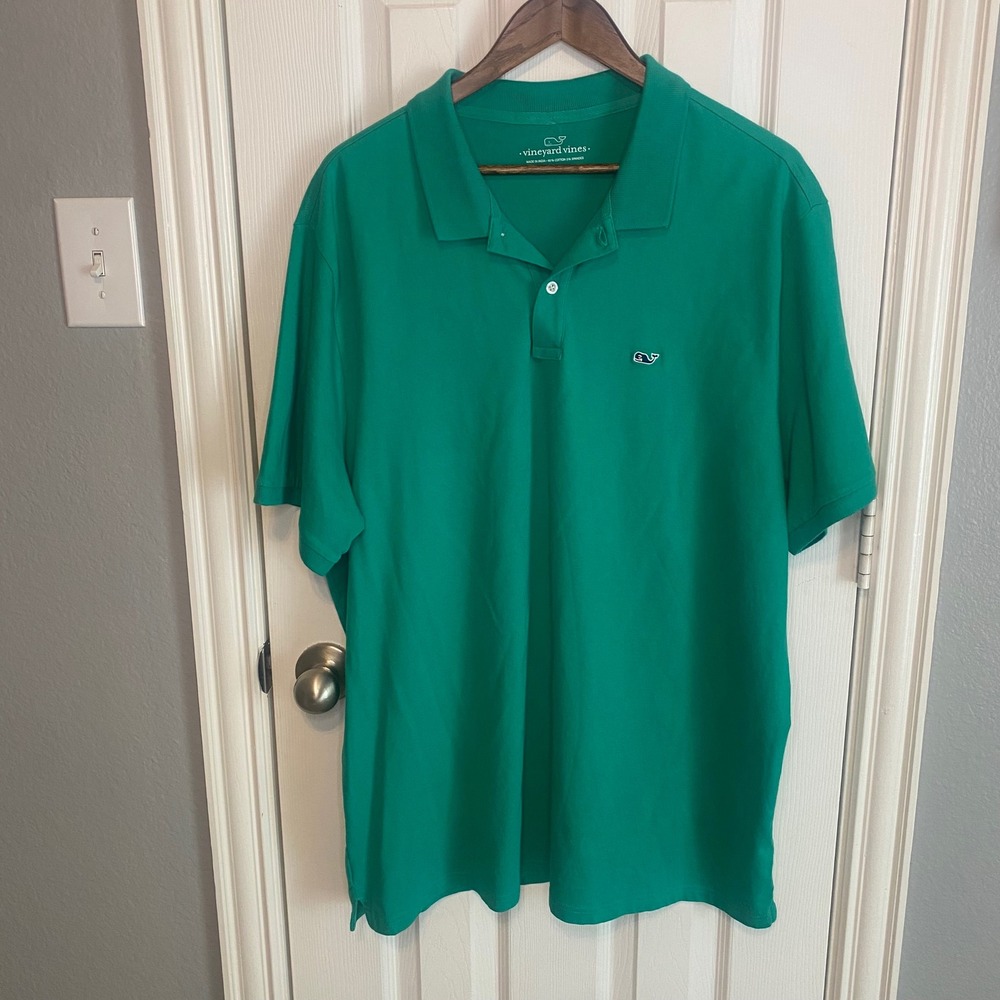 Vineyard Vines Mens XL Pique Polo Shirt Green Short Sleeve Whale Logo Stretch